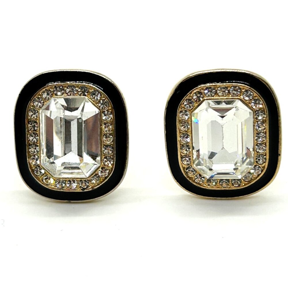 Vintage Emerald Cut Crystal Clip-On Earrings Rhinestone Black Enamel Statement